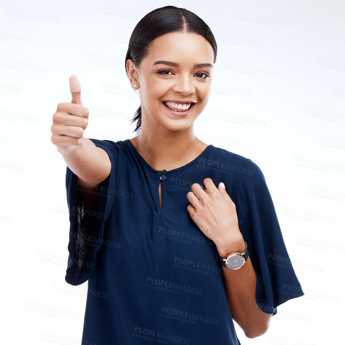 Buy stock photo Thumbs up portrait of woman isolated on a white background for success, thank you and professional support. Like, yes and ok hands sign with happy face of business winner or person winning in studio
