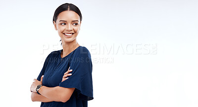 Buy stock photo Business, thinking and woman with arms crossed, smile and ideas against a studio background. Mockup, female employee and entrepreneur with confidence, happiness and opportunity for growth and startup
