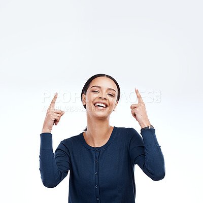Buy stock photo Studio mockup, portrait and happy woman pointing up at sales promotion, advertising space or discount deal mock up. Brand commercial, marketing gesture or product placement female on white background