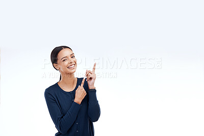 Buy stock photo Studio mock up, portrait or happy woman pointing at sales promotion, advertising copy space or discount deal mockup. Brand commercial, marketing or presentation gesture for female on white background
