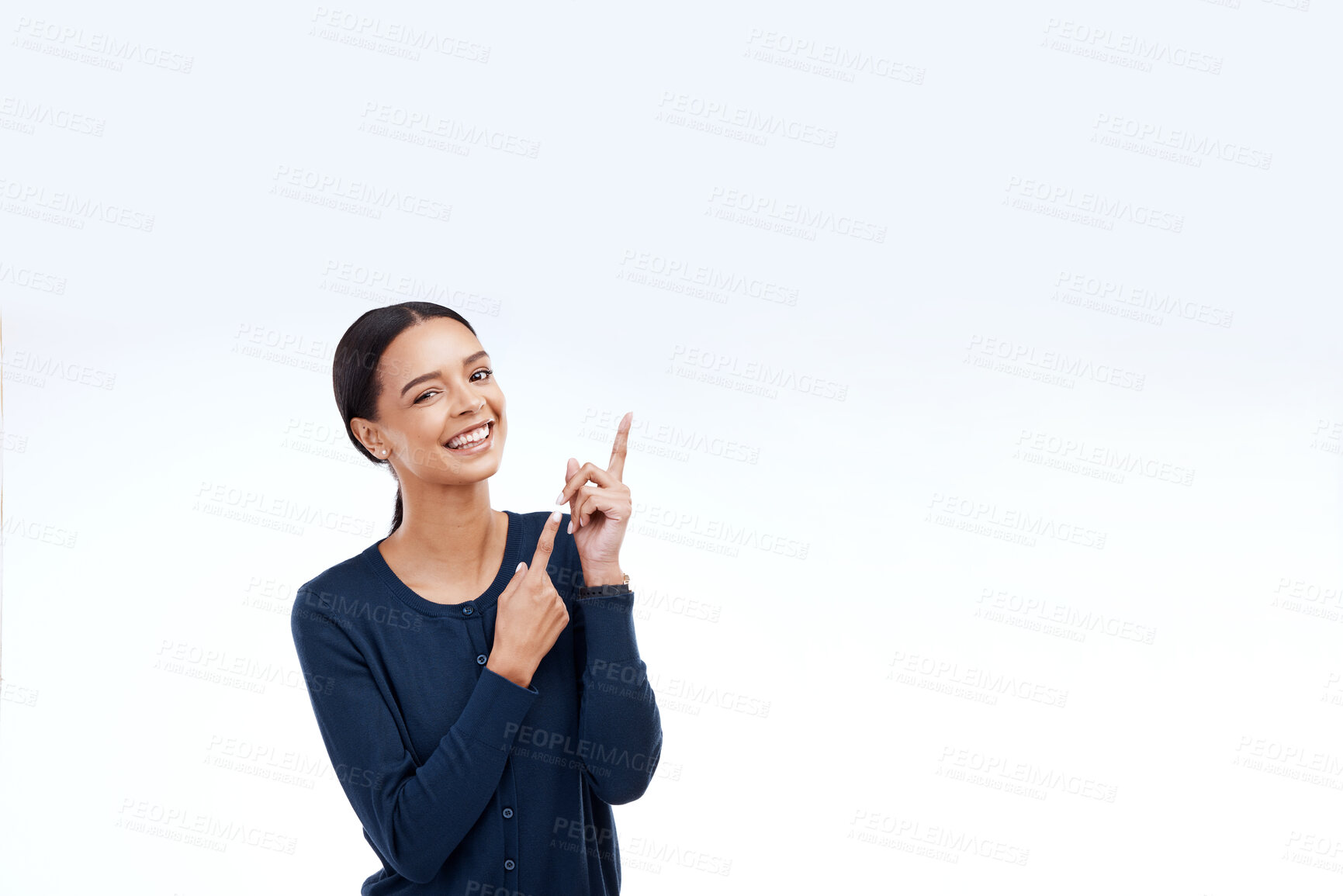 Buy stock photo Studio mock up, portrait or happy woman pointing at sales promotion, advertising copy space or discount deal mockup. Brand commercial, marketing or presentation gesture for female on white background