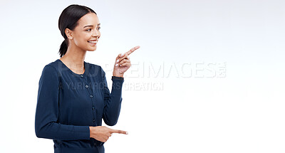 Buy stock photo Happy studio woman, mockup and pointing at sales promotion, advertising copy space or discount deal mock up. Commercial brand offer, presentation or female marketing gesture on white background