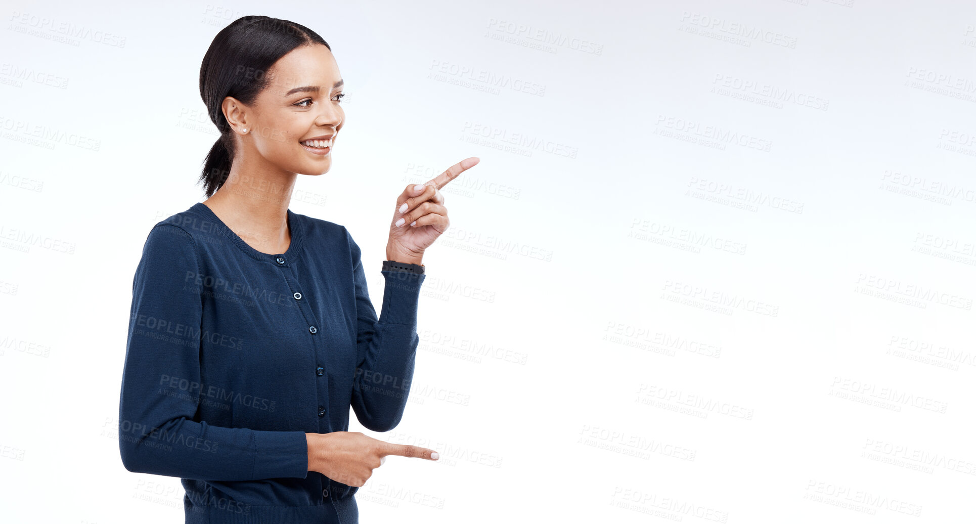 Buy stock photo Happy studio woman, mockup and pointing at sales promotion, advertising copy space or discount deal mock up. Commercial brand offer, presentation or female marketing gesture on white background