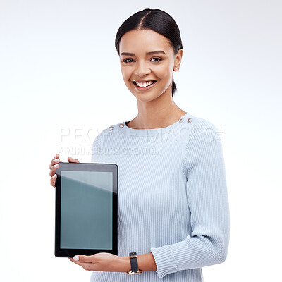 Buy stock photo Happy mockup portrait, tablet or woman with sales promotion, advertising brand space or discount deal mock up. Touchscreen, studio presentation or tech device of female isolated on white background