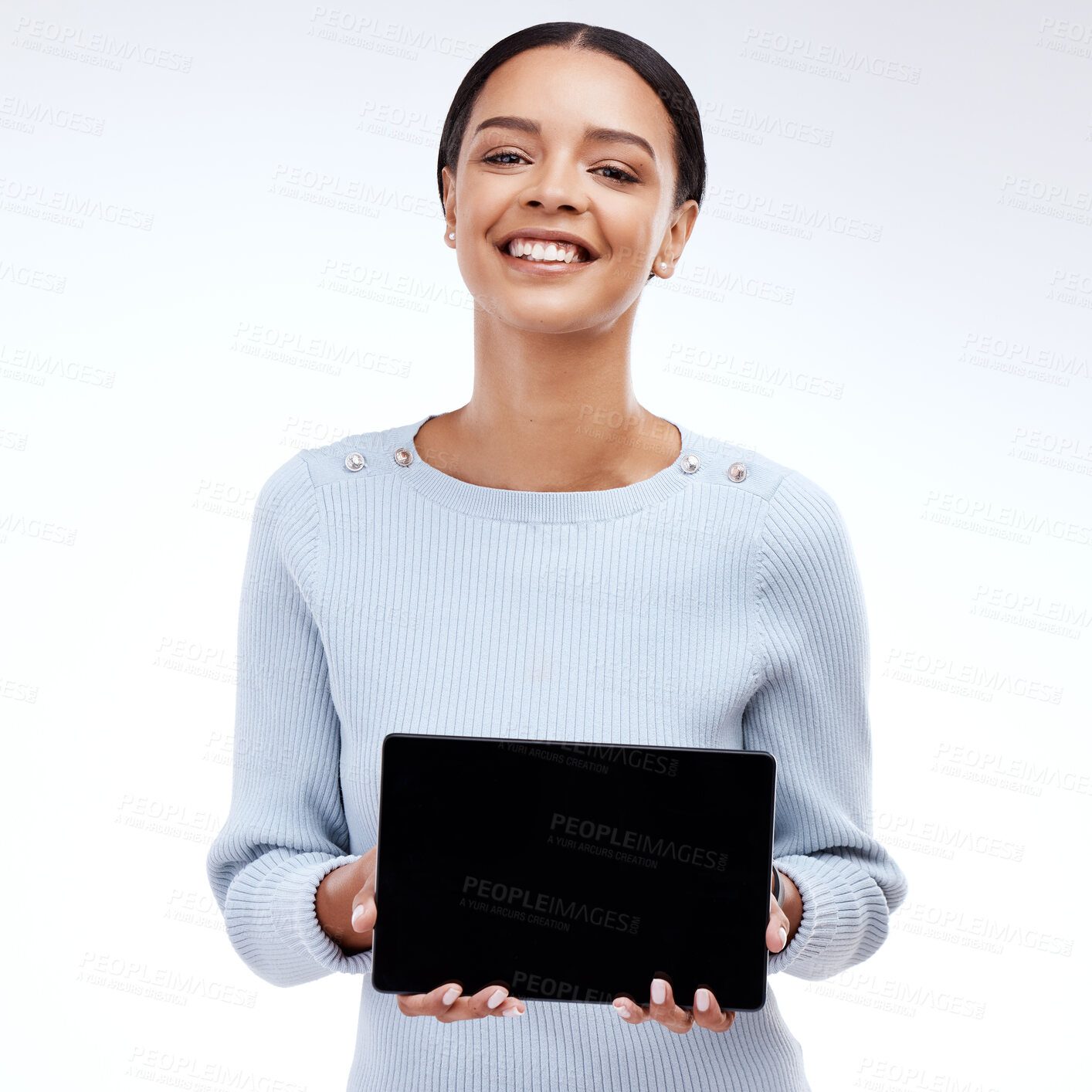 Buy stock photo Happy mock up portrait, tablet and woman with sales promo, advertising tech space or discount deal mockup. Interactive touchscreen, digital presentation or studio female isolated on white background