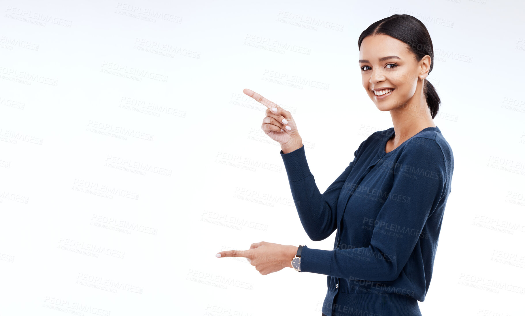 Buy stock photo Happy woman, portrait and studio hands pointing at sales promotion, advertising space or discount deal mock up. Commercial branding, marketing or female with gesture for white background presentation