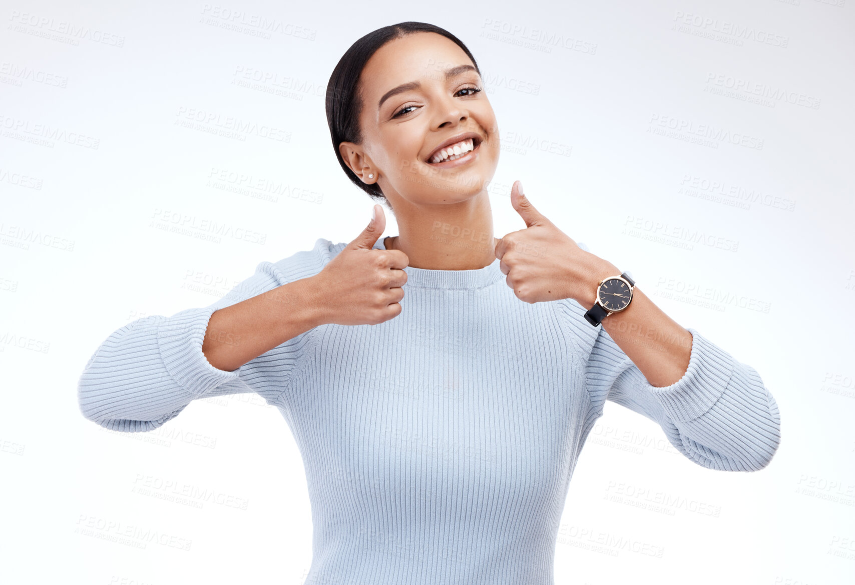 Buy stock photo Woman, thumbs up and smile in studio portrait with happiness, confidence and success by white background. Girl, model and happy student with hand gesture for celebration, winning and goal achievement