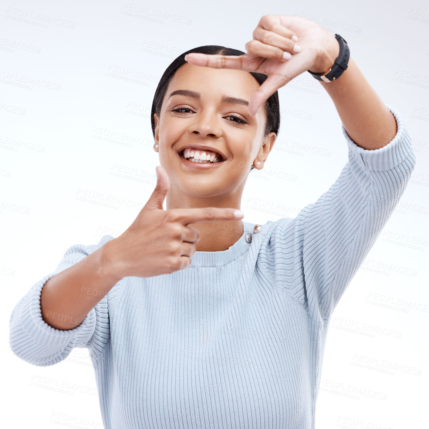 Buy stock photo Frame, hands and portrait of woman on a white background for beauty, cosmetics and natural makeup. Fashion, focus mockup and face of girl isolated with happiness, smile or photography emoji in studio