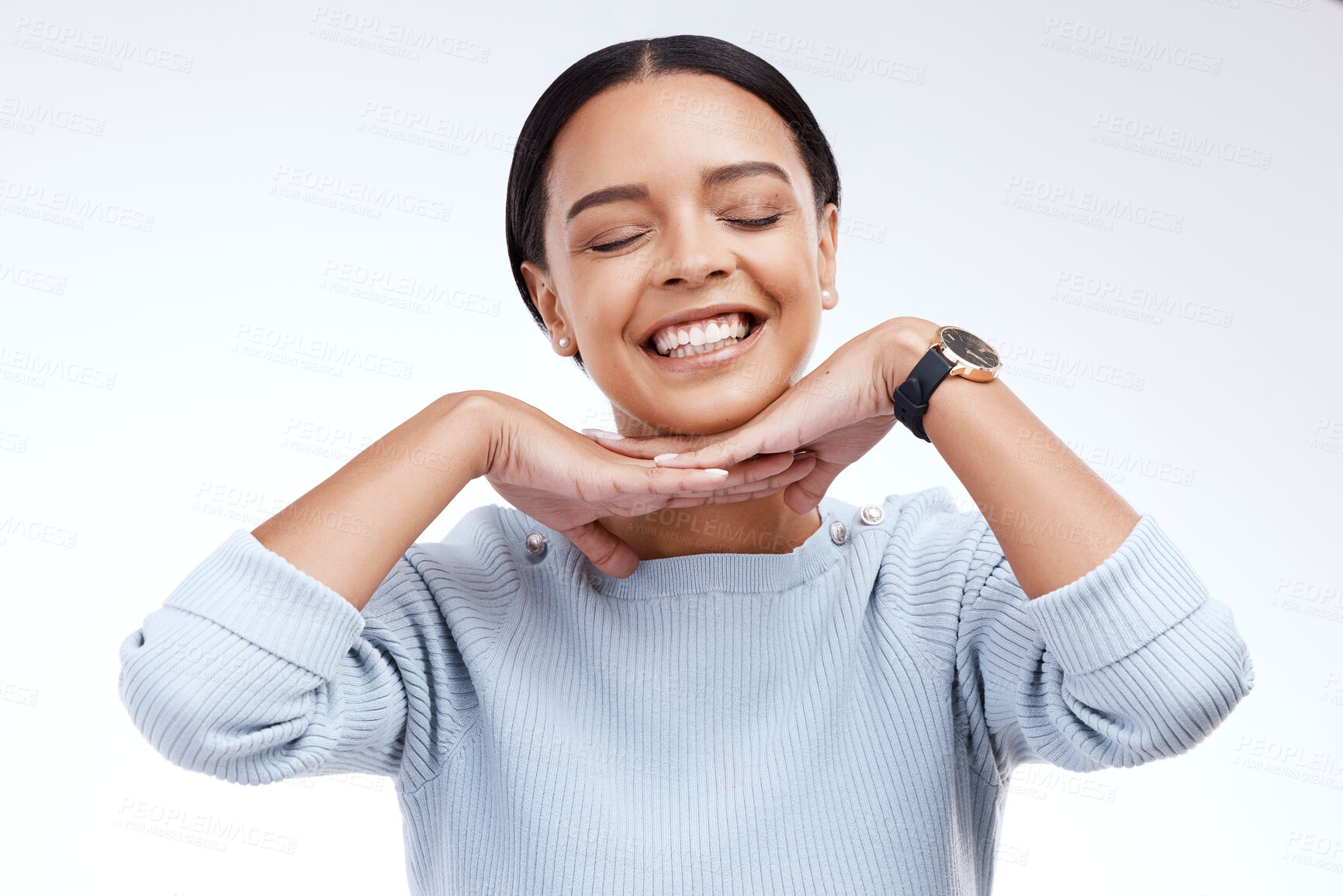Buy stock photo Smile, hands and face of woman on a white background for beauty, cosmetics and natural makeup. Fashion, emoji mockup and happy girl isolated with confidence, smile and facial expression in studio