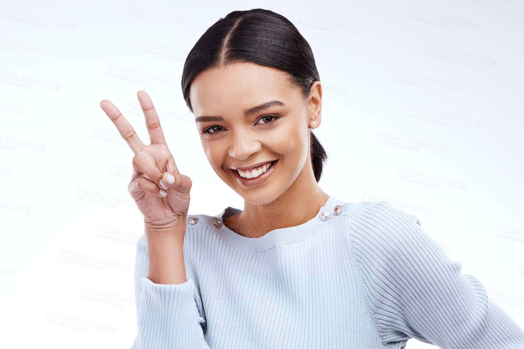 Buy stock photo Peace sign, woman portrait and hand with emoji gesture in a studio with happiness on backdrop. V hands, isolated and white background of a gen z and young model with a happy smile and cool hands