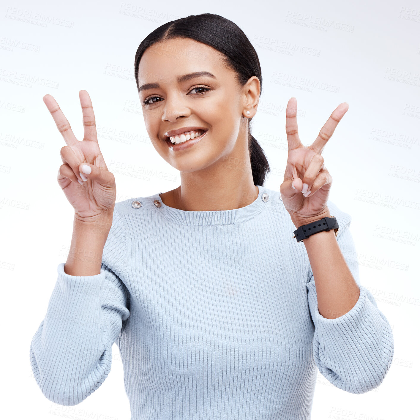 Buy stock photo Peace sign, woman and portrait emoji gesture in a studio with happiness, cool and excited facial expression. Female, isolated and white background of gen z model with a happy smile and v hands 