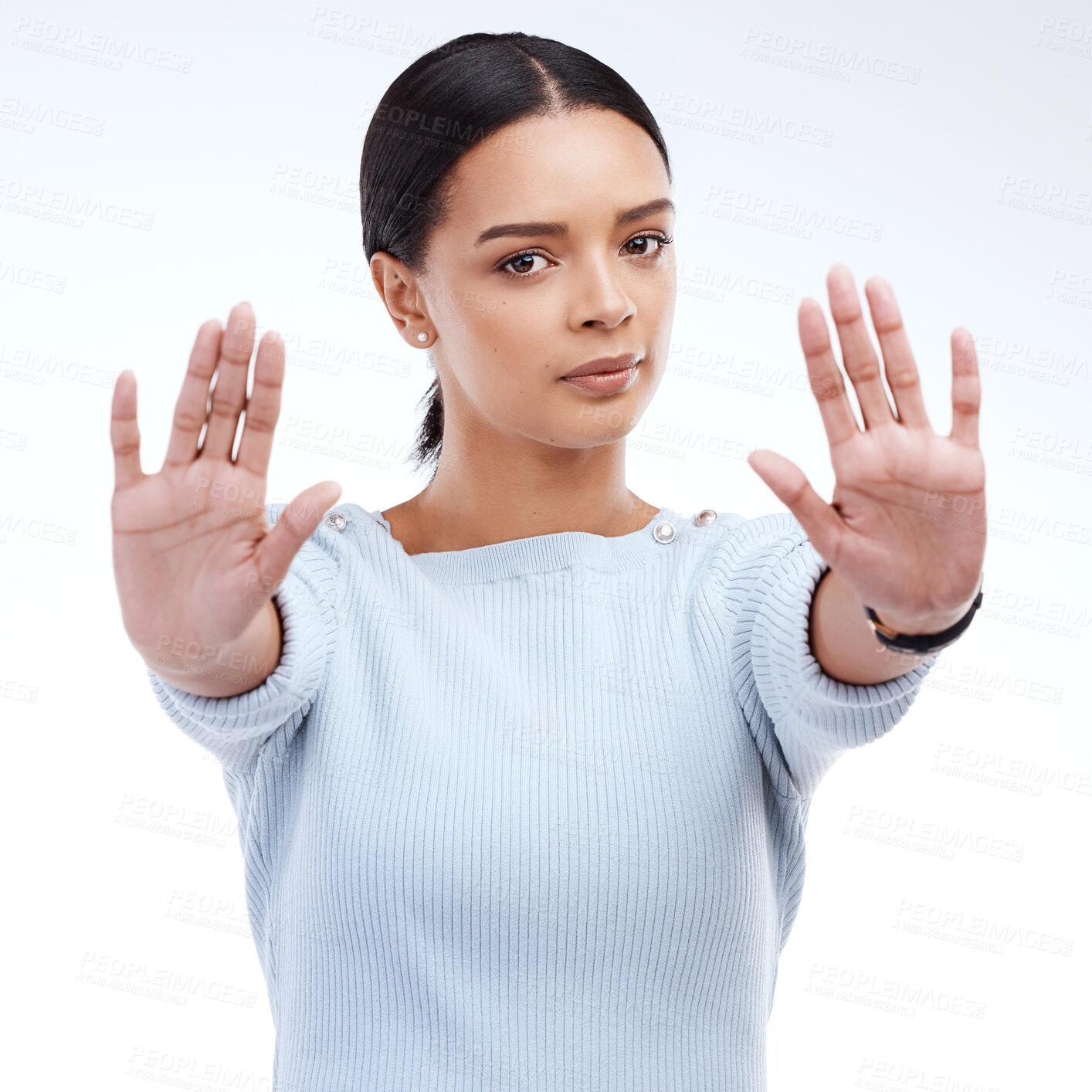 Buy stock photo Portrait, stop and woman with hands, warning and human rights isolated on a white studio background. Face, female activist and person with gesture for protest, protection and rejection with awareness