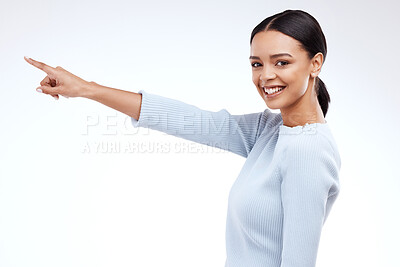 Buy stock photo Mock up portrait, smile and woman pointing at sales promotion, advertising copy space or discount deal mockup. Brand commercial, studio and hands gesture of direction on isolated white background