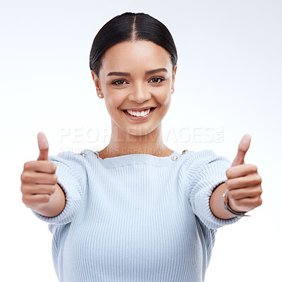 Buy stock photo Woman, thumbs up and portrait isolated on a white background success, thank you and support, like or vote. Winner business person with yes, ok and agreement hands sign or emoji for winning in studio