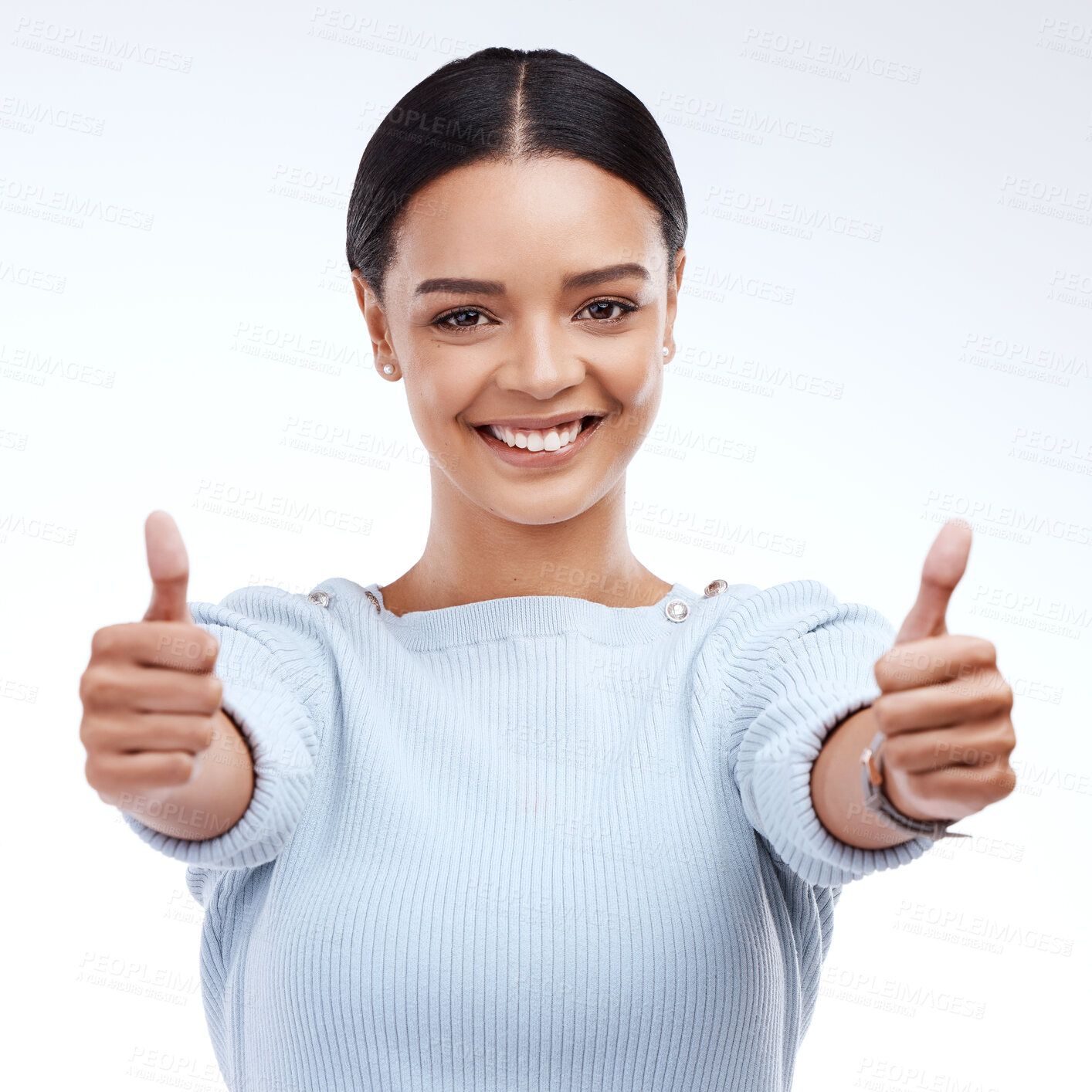 Buy stock photo Woman, thumbs up and portrait isolated on a white background success, thank you and support, like or vote. Winner business person with yes, ok and agreement hands sign or emoji for winning in studio