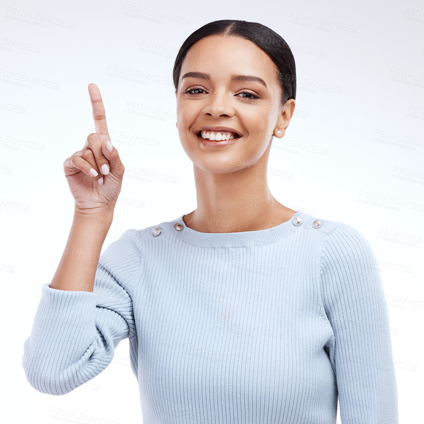 Buy stock photo Woman face, portrait smile and pointing up at mock up sales promotion, advertising space or discount deal mockup. Brand commercial, marketing studio or product placement female on white background