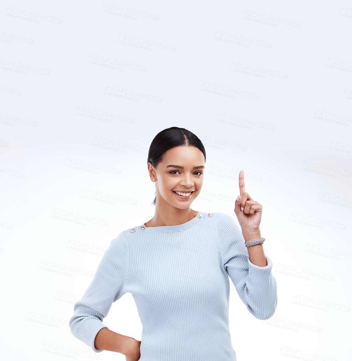 Buy stock photo Marketing woman, portrait smile and pointing up at promo information, mock up branding space or advertisement mockup. Brand logo, female presentation or studio model isolated on white background