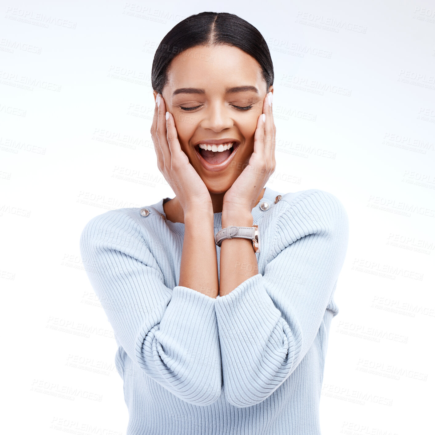 Buy stock photo Surprise, wow and woman with smile, excited and cheerful model isolated against a white studio background. Female, joy and happy person with news, positive and shock reaction with happiness and emoji