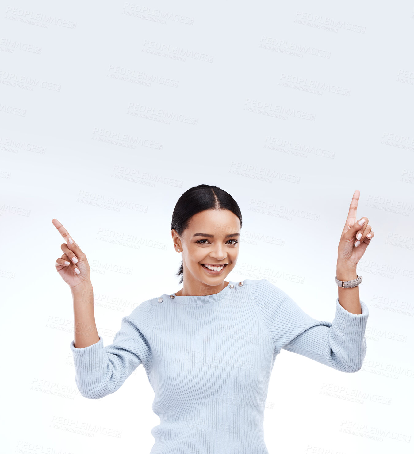 Buy stock photo Mock up woman, portrait smile and pointing up at retail promo information, empty branding space or advertisement mockup. Direction, female presentation or studio model isolated on white background