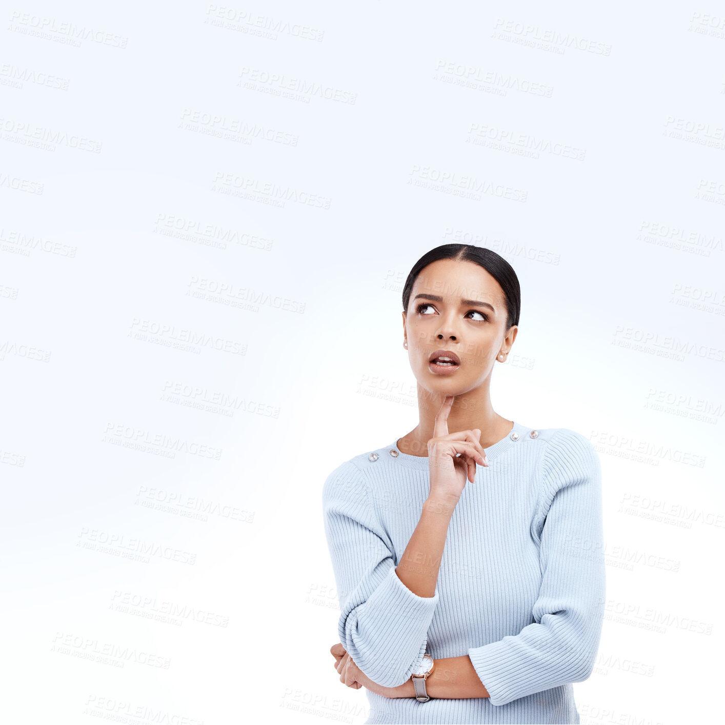 Buy stock photo Thinking, confused and face of woman with doubt in studio for decision, choice or copy space. Emoji reaction, ideas or isolated girl in thoughtful, wonder and contemplating mockup on white background