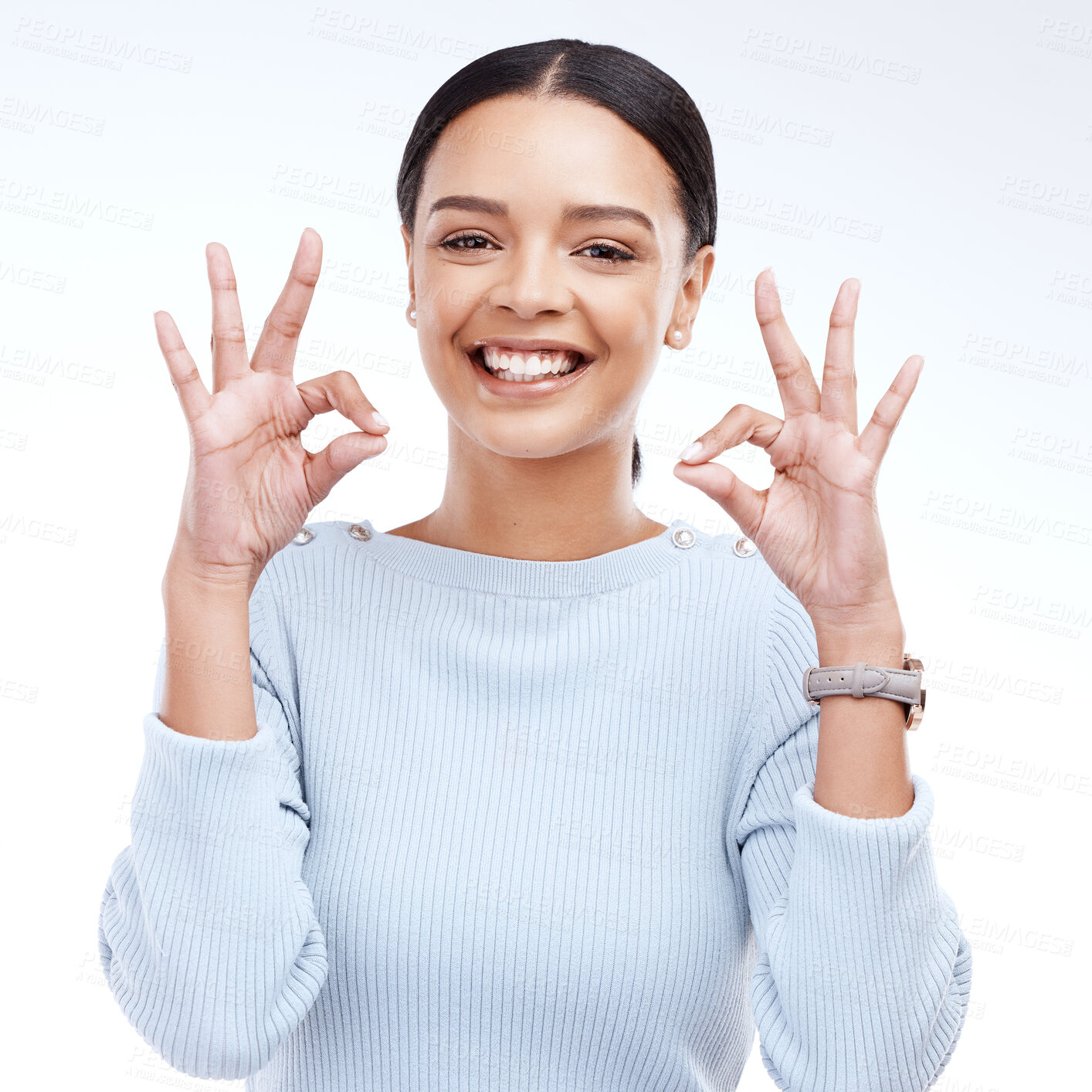 Buy stock photo Portrait, hands and perfect sign by woman in studio for okay, agree and positive review on white background. Face, like and happy girl with emoji hand for success, vote and support or yes isolated