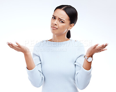 Buy stock photo Portrait of confused woman shrug in studio, isolated white background and questioning choice, emoji and reaction. Female model, confusion and dont know why in doubt, uncertainty and body language 