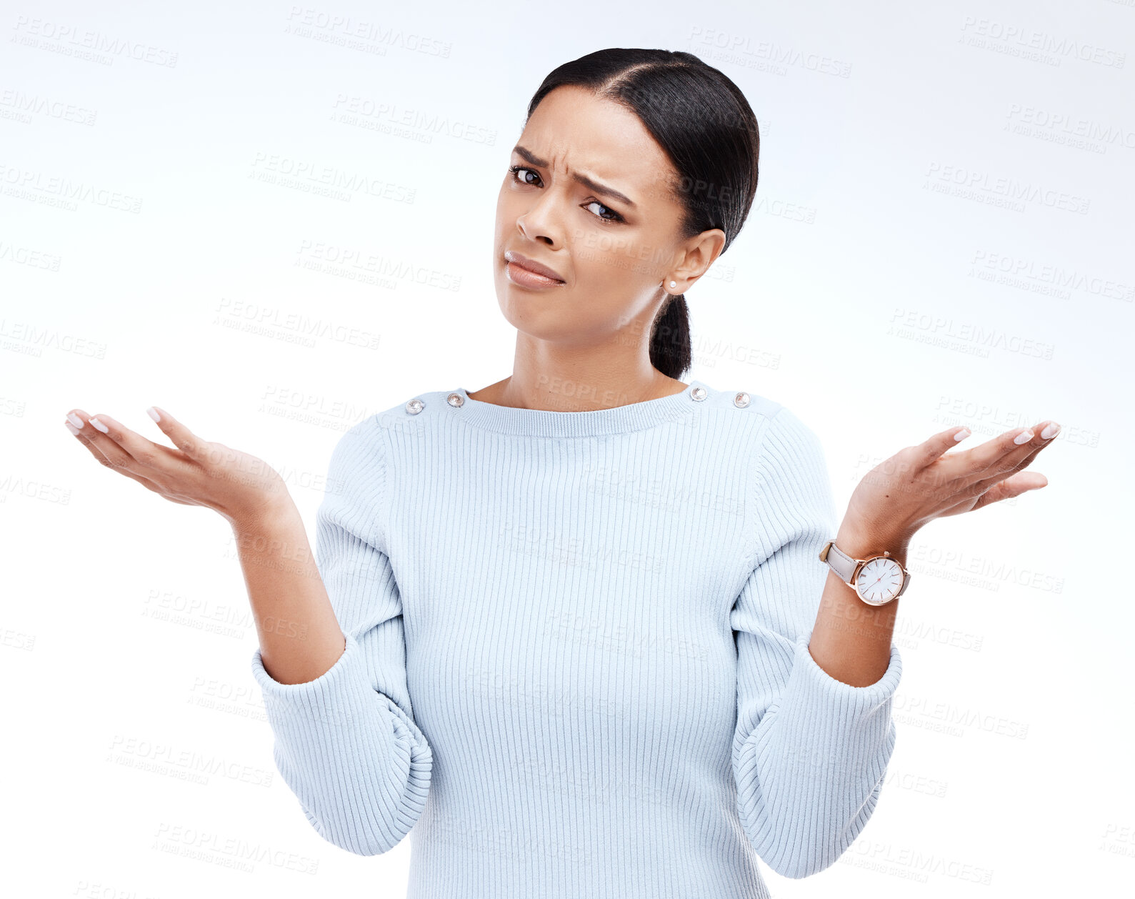 Buy stock photo Portrait of confused woman shrug in studio, isolated white background and questioning choice, emoji and reaction. Female model, confusion and dont know why in doubt, uncertainty and body language 