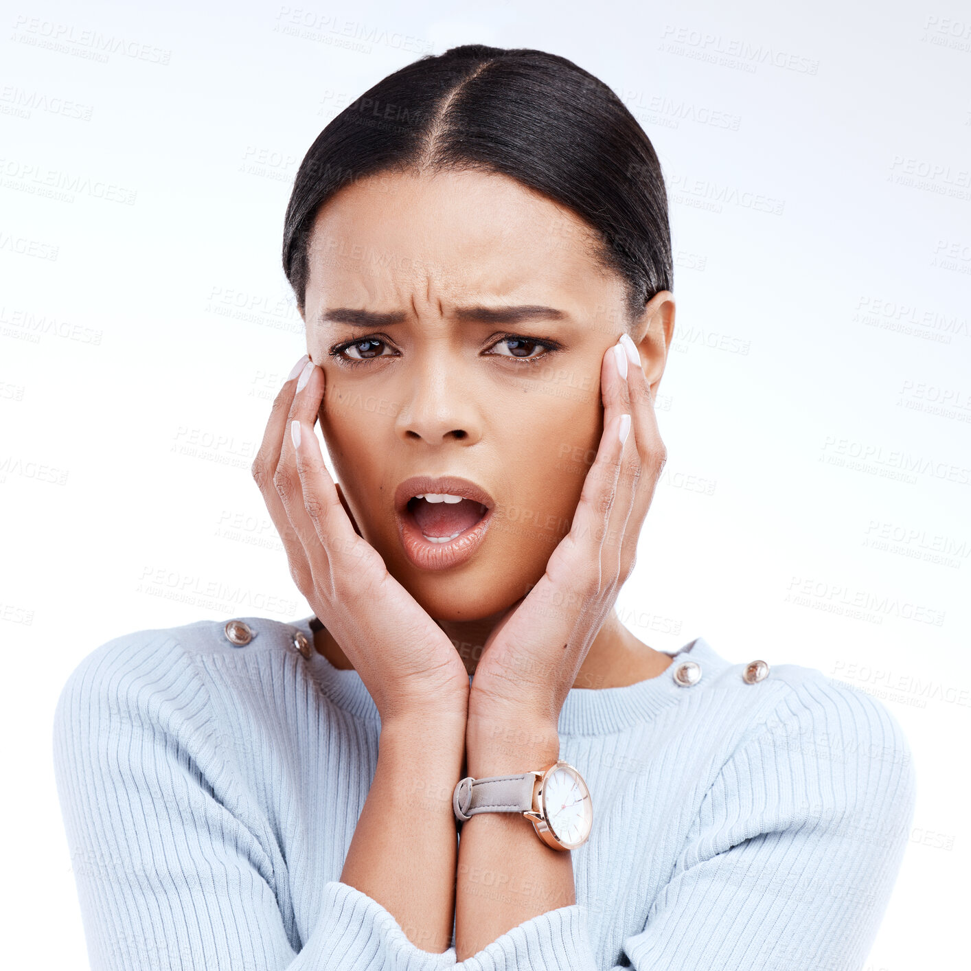Buy stock photo Shock, confused and portrait of woman with hands on head for gossip, rumor and bad news in studio. Emoji reaction, mockup and isolated face of girl upset, unhappy and surprised on white background
