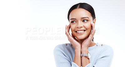 Buy stock photo Smile, thinking and mockup with a woman in studio on a white background for marketing or advertising. Happy, idea and branding with an attractive young female on an empty promotion space