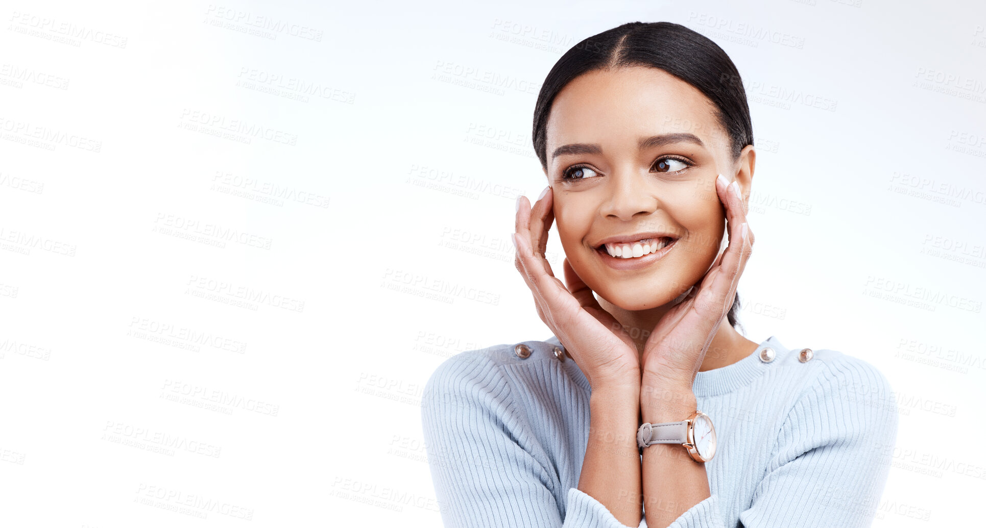 Buy stock photo Smile, thinking and mockup with a woman in studio on a white background for marketing or advertising. Happy, idea and branding with an attractive young female on an empty promotion space