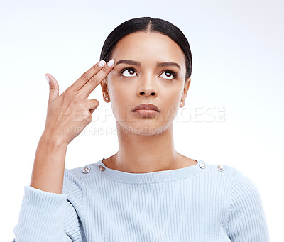 Buy stock photo Woman, studio and finger gun to head or brain while frustrated, annoyed or depressed emoji. Face of a serious female model with hand gesture for suicide, shooting or killing on a white background