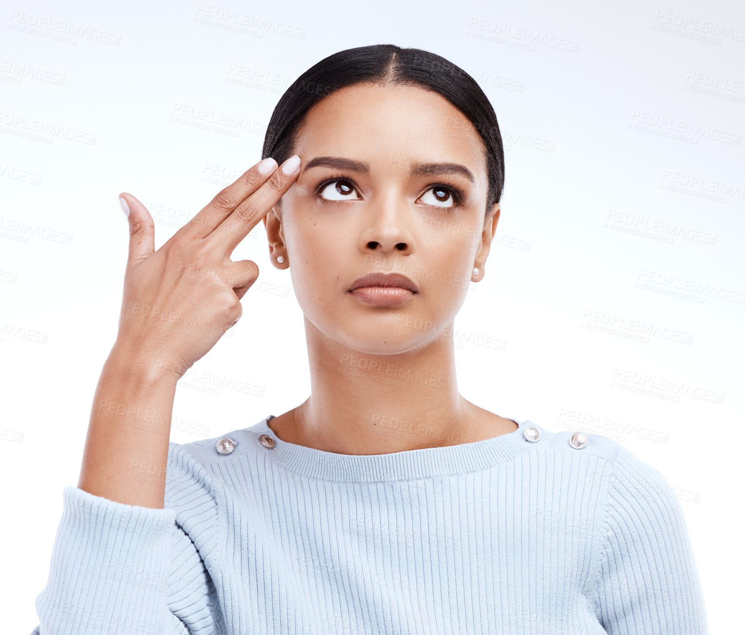 Buy stock photo Woman, studio and finger gun to head or brain while frustrated, annoyed or depressed emoji. Face of a serious female model with hand gesture for suicide, shooting or killing on a white background