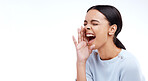 Woman, shouting and screaming on mockup for voice, anger or announcement against a white studio background. Angry female model yelling with open mouth on copy space for protest, message or opinion