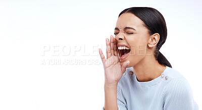 Buy stock photo Woman, shouting and screaming on mockup for voice, anger or announcement against a white studio background. Angry female model yelling with open mouth on copy space for protest, message or opinion