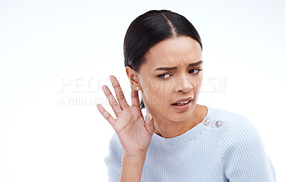 Buy stock photo Listen, hear and woman with hand on ear on white background for news, information and gossip in studio. Listening mockup, sound and isolated girl with gesture for rumor, attention and communication