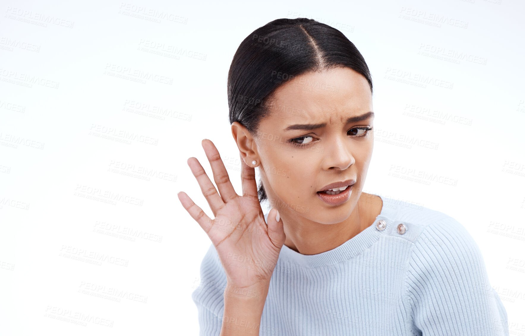 Buy stock photo Listen, hear and woman with hand on ear on white background for news, information and gossip in studio. Listening mockup, sound and isolated girl with gesture for rumor, attention and communication