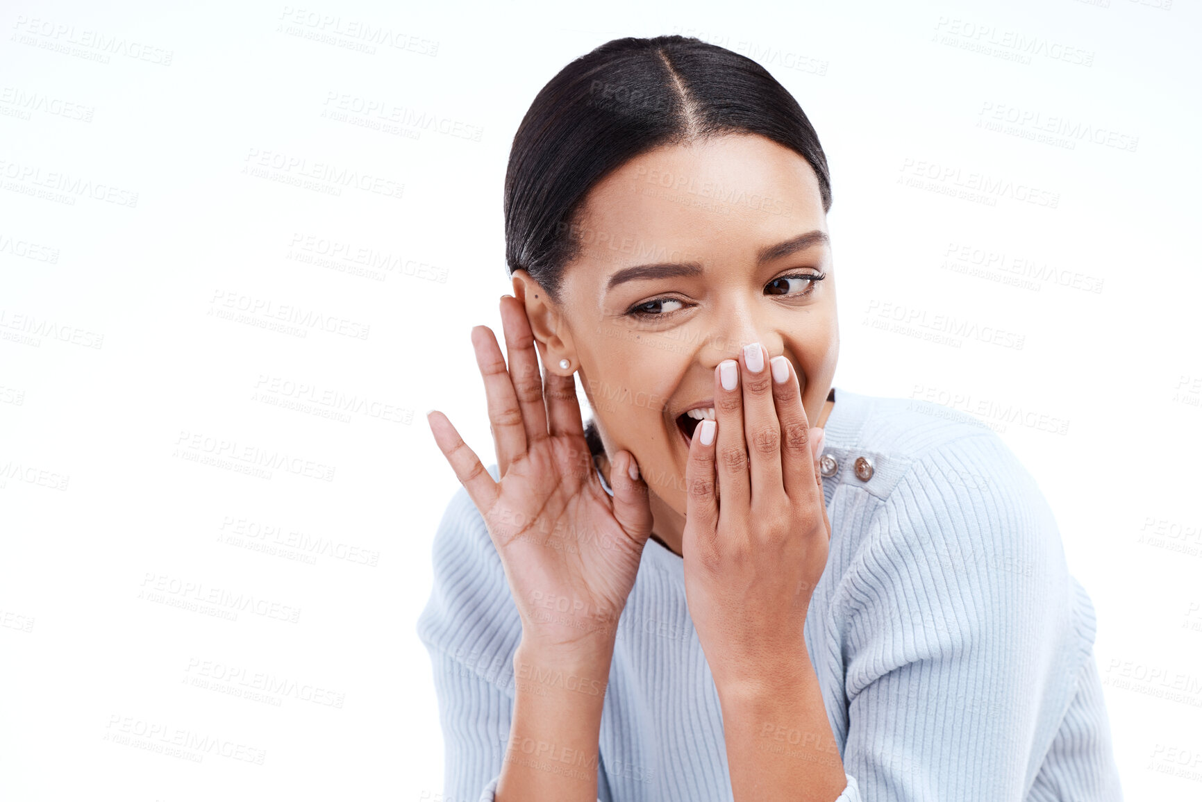 Buy stock photo Laughing, woman and listening in studio for gossip, secret or mockup on isolated white background. Rumor, news and girl with hand emoji for privacy, whispering and silent, mystery and sharing story