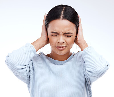 Buy stock photo Stress, headache and hands of woman on head for anxiety, vertigo and brain fog on white background. Migraine, noise and female with sensitive ears, pain and hearing loss, damage or trauma in studio
