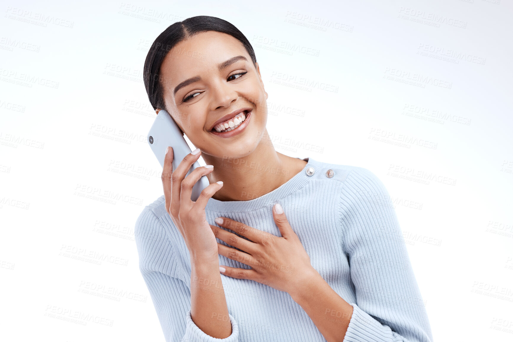 Buy stock photo Phone call communication, face and happy woman talking, networking and speaking to cellphone contact. Smile, mobile chat discussion and studio female on smartphone conversation on white background