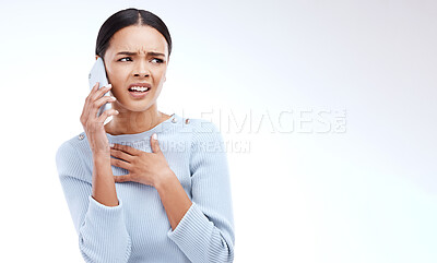 Buy stock photo Confused, phone call and shocked woman with mobile glitch or internet problem online isolated in a studio white background. Angry, annoyed and female with error on a cellphone conversation