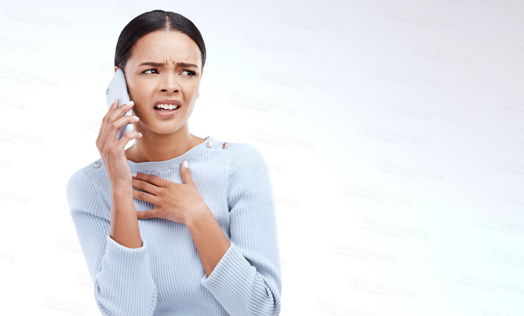 Buy stock photo Confused, phone call and shocked woman with mobile glitch or internet problem online isolated in a studio white background. Angry, annoyed and female with error on a cellphone conversation