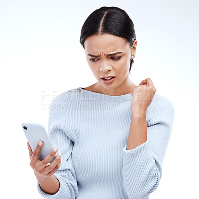Buy stock photo Confused, phone and frustrated woman with mobile glitch or internet problem online isolated in a studio white background. Angry, annoyed and female with 404 error on a cellphone website or web