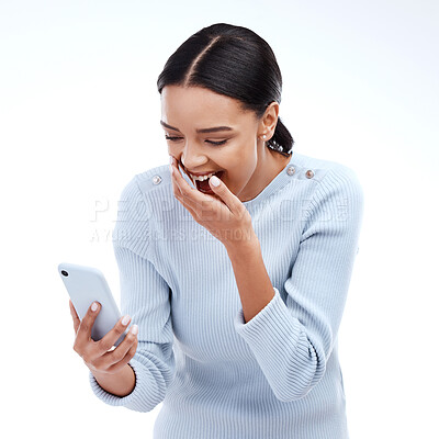 Buy stock photo Phone, reading and happy woman laughing at studio comic, social media meme or funny joke on mobile smartphone. Happiness, laugh or isolated person with comedy blog or text message on white background