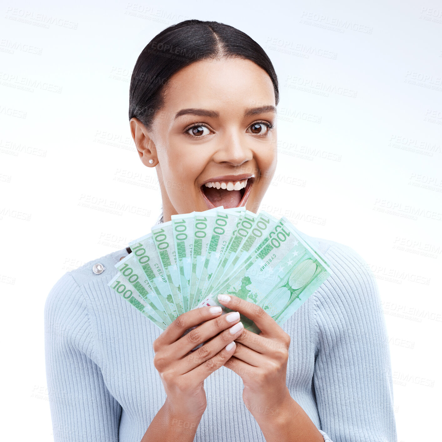 Buy stock photo Money portrait, face or woman excited for lottery win, competition giveaway or euro cash award. Finance trading person, financial freedom or prize winner with wow studio payment on white background
