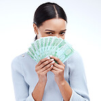 Studio money, face portrait or woman with lottery win, competition giveaway or euro cash award. Finance trading, bonus payment or prize winner of poker, bingo or casino gambling on white background