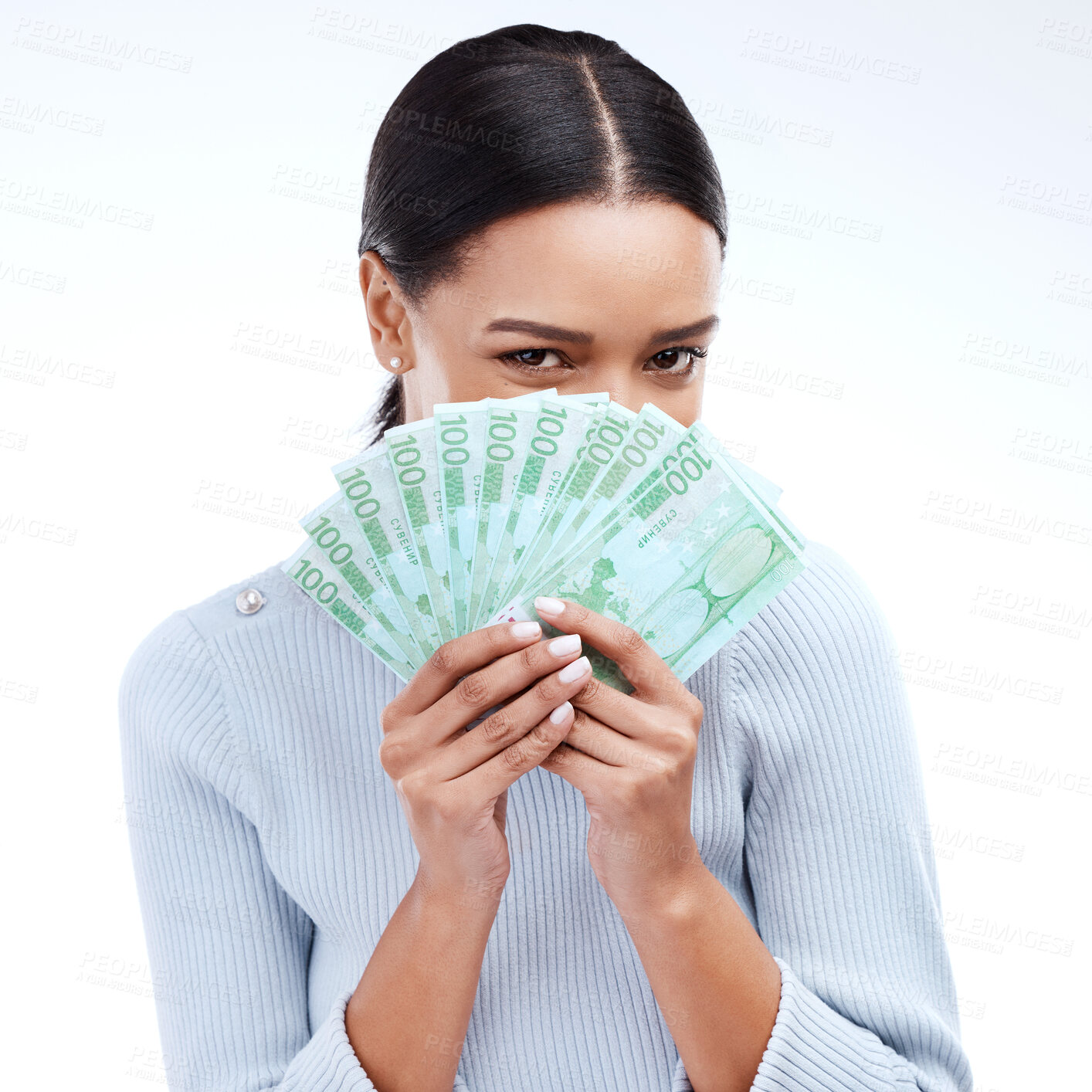 Buy stock photo Studio money, face portrait or woman with lottery win, competition giveaway or euro cash award. Finance trading, bonus payment or hidden winner of poker, prize or casino gambling on white background