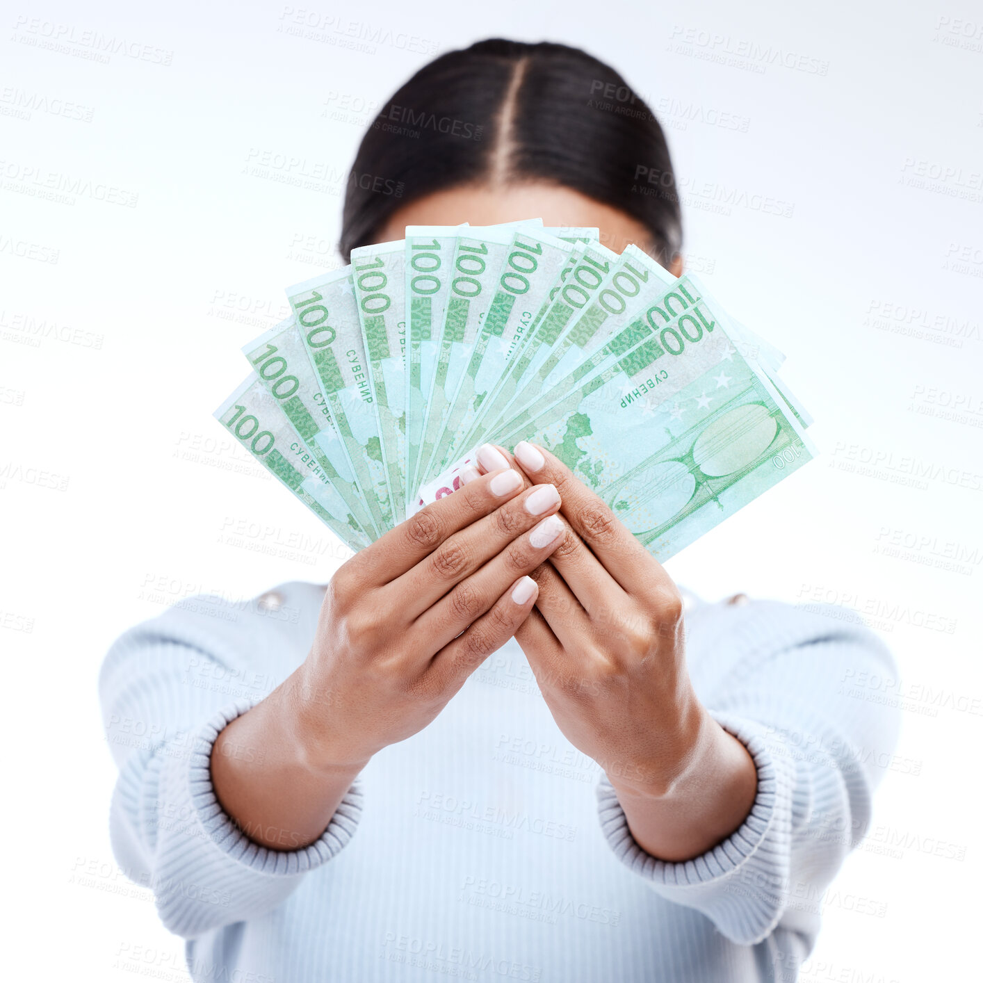 Buy stock photo Euro money, hands and studio woman with lottery award win, competition giveaway or bonus cash payment. Finance trading bills, financial freedom or prize winner with person hidden on white background