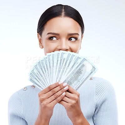 Buy stock photo Dollars, face and studio woman with money award win, competition giveaway or bonus cash payment. Finance trading bills, financial freedom income or lotto prize winner with person on white background