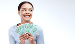 Studio money, face mockup and happy woman, marketing person and lottery win, competition giveaway or euro cash award. Advertising mock up, financial payment or casino prize winner on white background