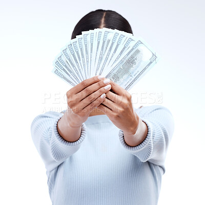 Buy stock photo Dollar money, hands or studio woman with lottery award win, competition giveaway or bonus cash payment. Finance trading bills, financial freedom or prize winner with person hidden on white background